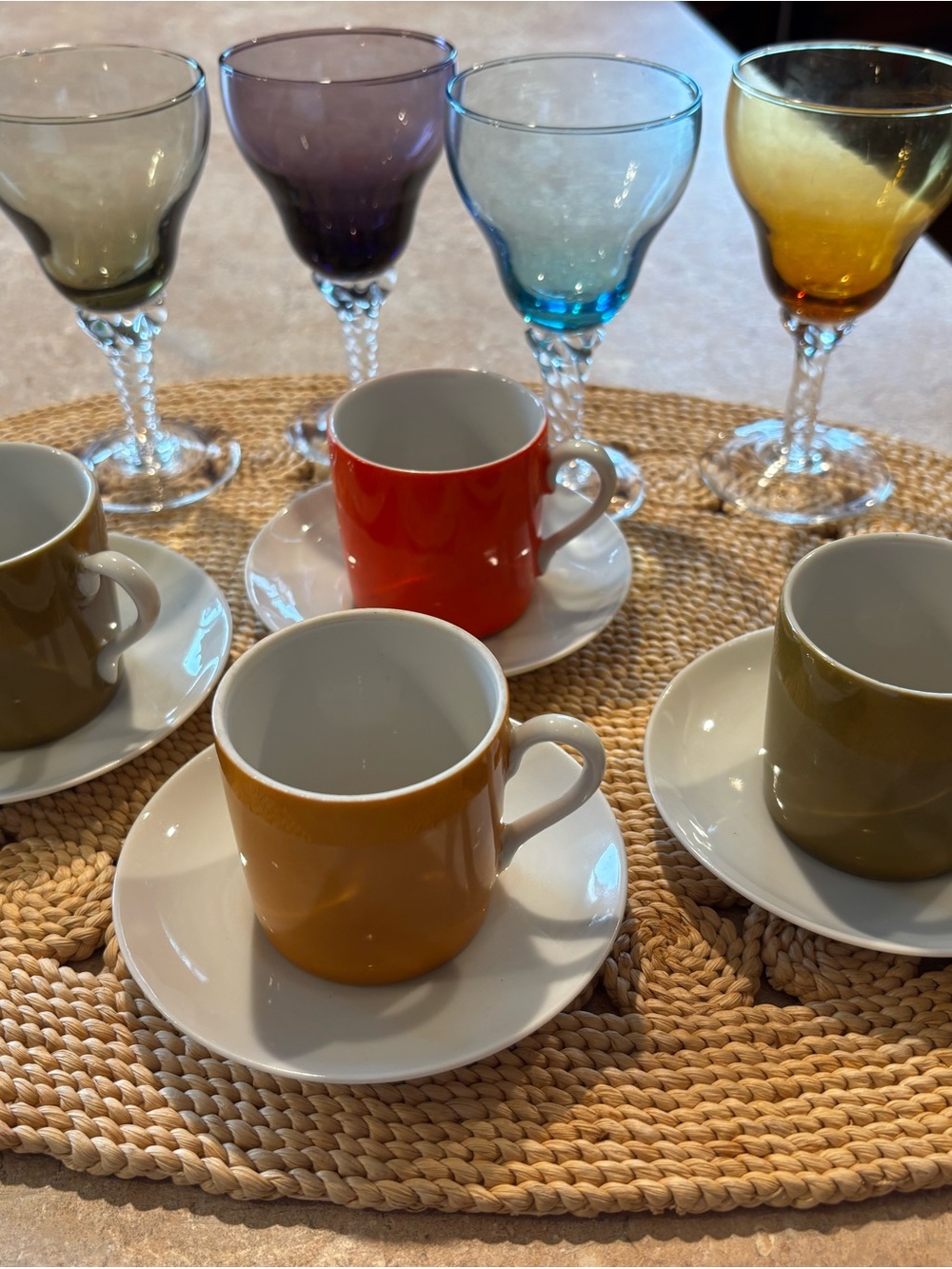 Vintage Porcelain Espresso Cups with Saucers and Multi Color Liquor Glasses